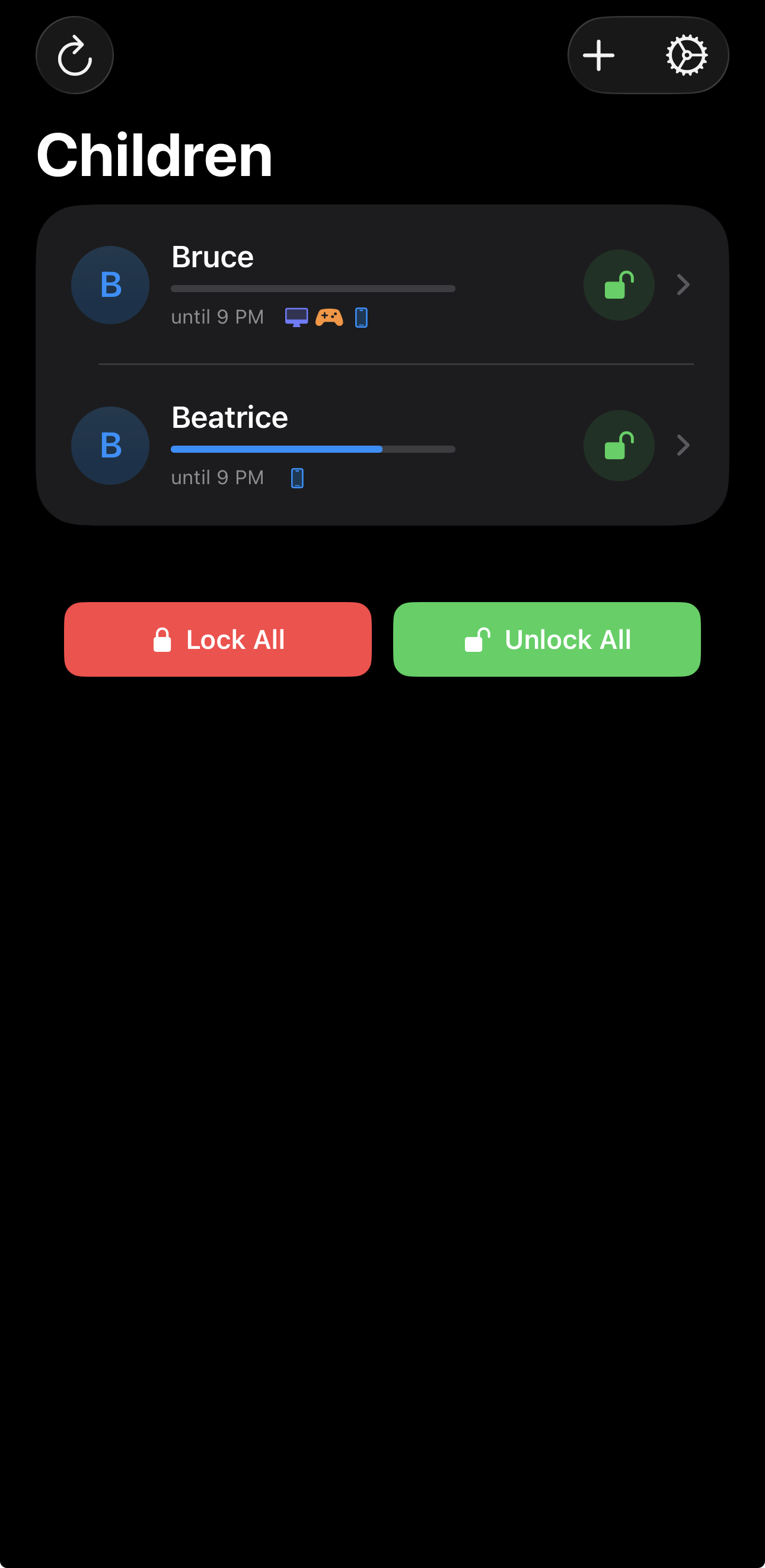 Playful Pause parent dashboard showing both kids' remaining time with one tap to lock or unlock everything