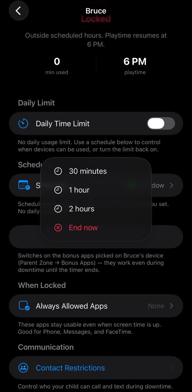 Extra time menu offering 30 minutes, 1 hour, 2 hours, or end now