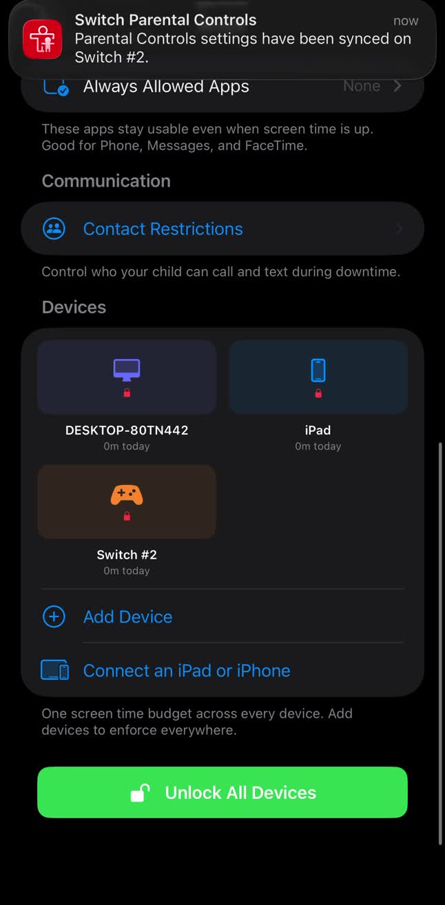 Parental controls synced to Switch #2 with an Unlock All Devices button