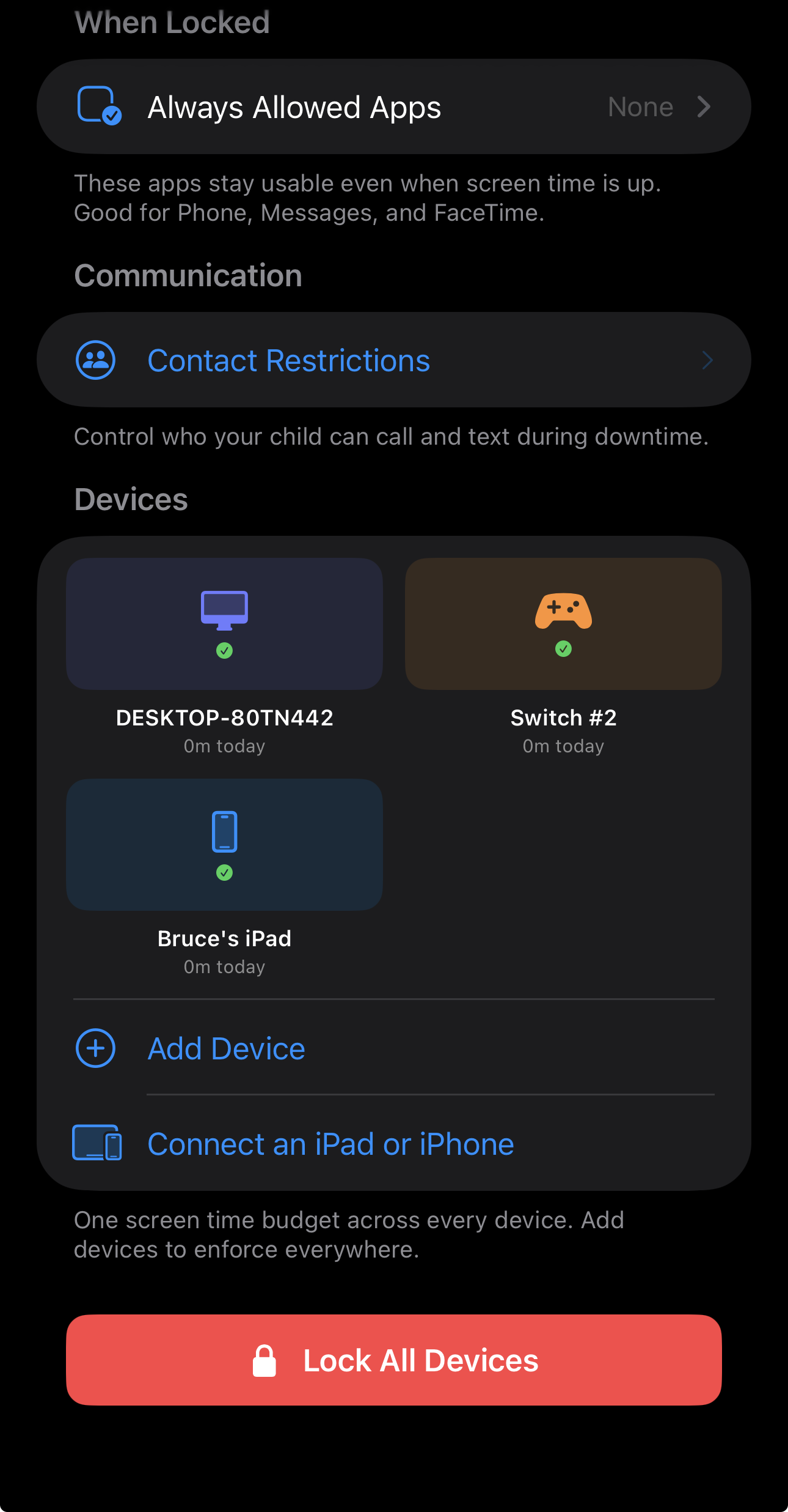 Playful Pause showing Bruce's gaming PC, Nintendo Switch, and iPad under one shared screen-time budget
