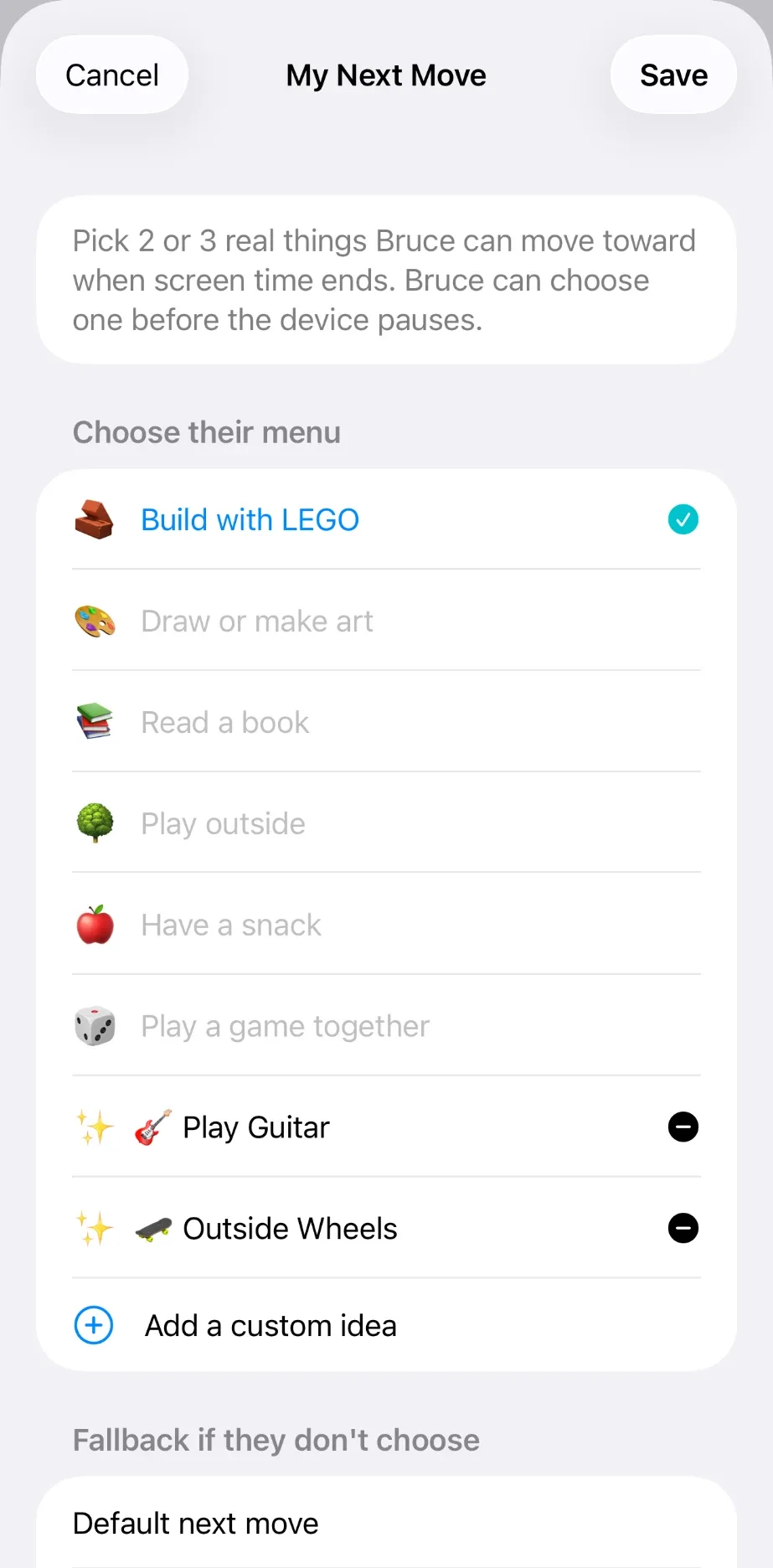 Parent's My Next Move screen for picking two or three activities Bruce can choose from, with a custom-idea option